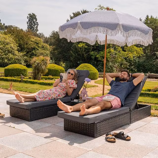 Furniture Maxi Vancouver Black Polyrattan Sun Lounger Set with Adjustable Headrest and Side Tray