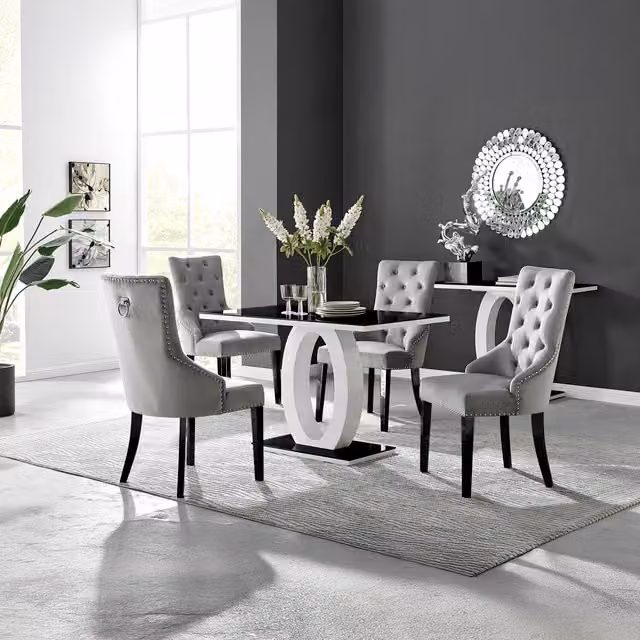 Giovani 4 Black Dining Table and 4 Belgravia Black Leg Chairs in Grey with Glass Top and Velvet Upholstery, W/D/H: 120 x 70 x 75 cm
