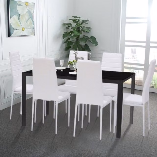 Livingandhome Modern Rectangular Tempered Glass Dining Table and 6 Faux Leather Chairs Set in White and Black, W/D/H: 140 x 80 x 75 cm