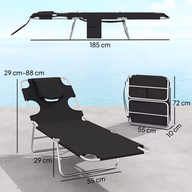 Outsunny Set of 2 Folding Garden Sun Loungers with Adjustable Headrest and Reading Hole in Black