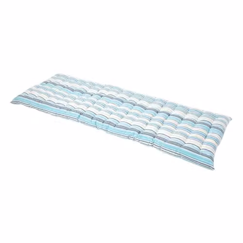HOMESCAPES Blue and White Striped 3 Seater Garden Bench Cushion, 100% Cotton, Width: 143 cm – 1