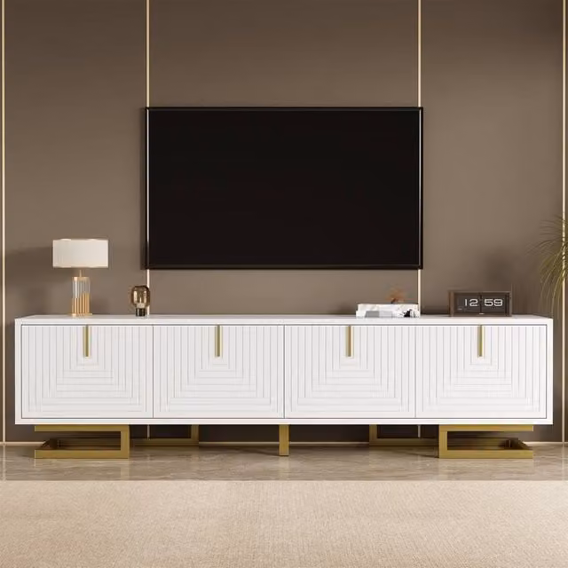 ModernLuxe TV Cabinet with Textured Doors and Golden Handles in White – 1