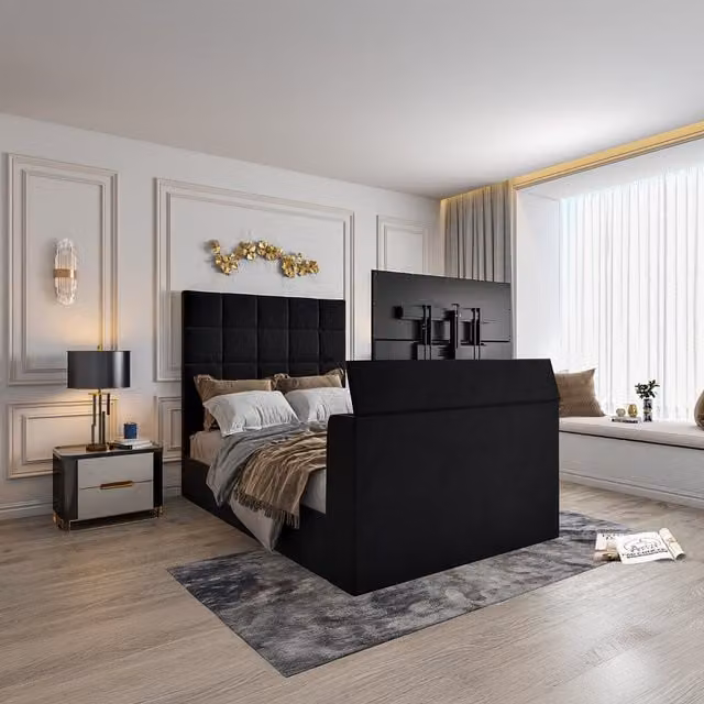 Casani Cubica Upholstered TV Bed Frame in Grey Fabric, Double 140 x 200 cm