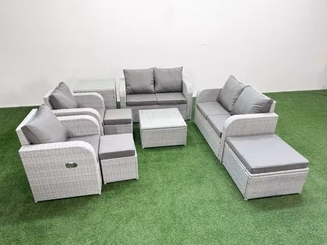 Fimous 9 Seater Rattan Garden Furniture Set with Reclining Love Sofa, Square Coffee Table and 3 Stools in Light Grey