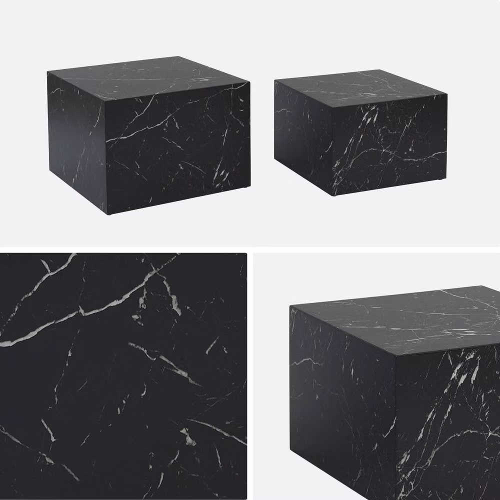 Sweek Pair of Square Coffee Tables with Black Marble Effect Stone Tops – 3