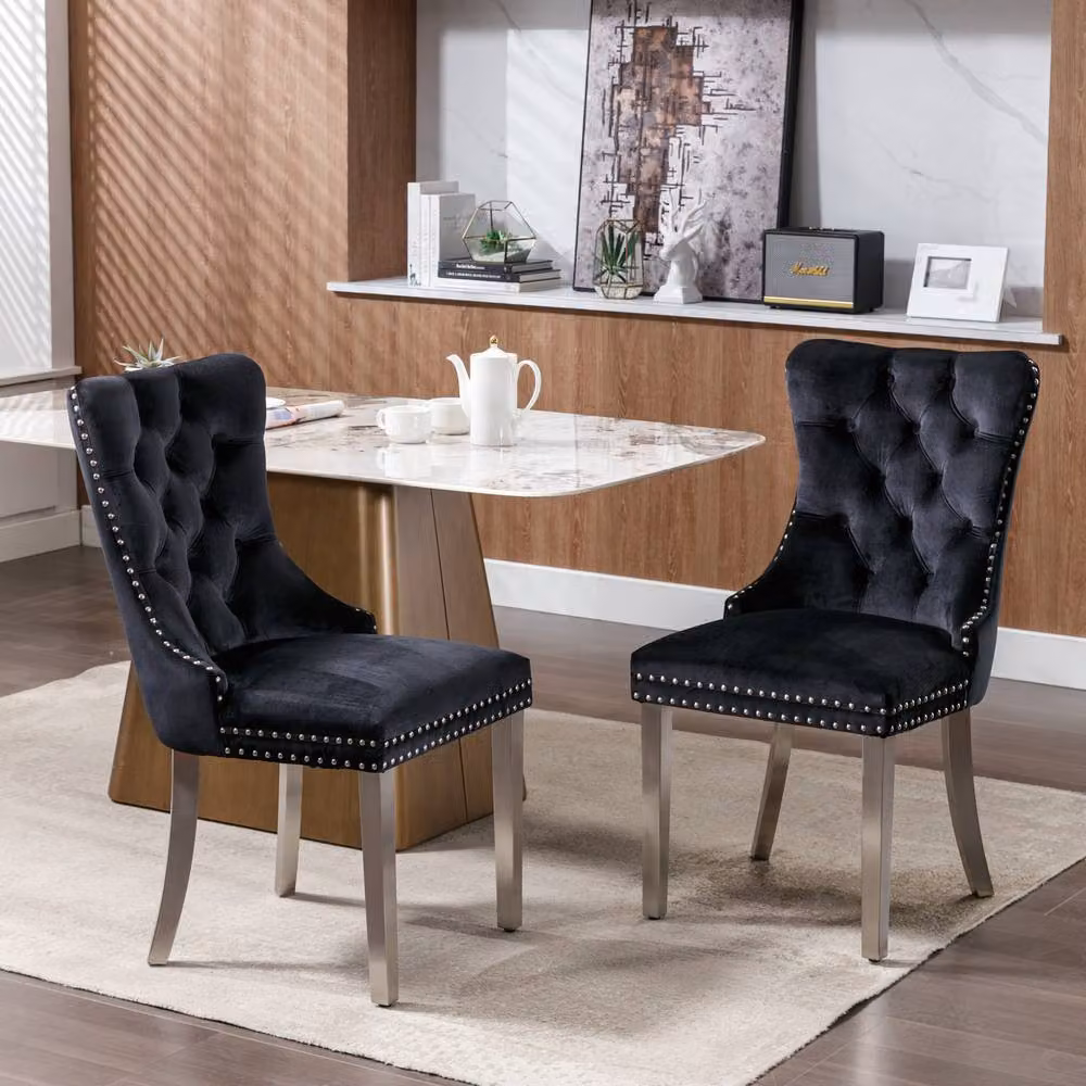 Modern Home Touch Winchester Set of 4 Black Velvet Upholstered Kitchen Dining Chairs with Silver Chrome Legs – 2