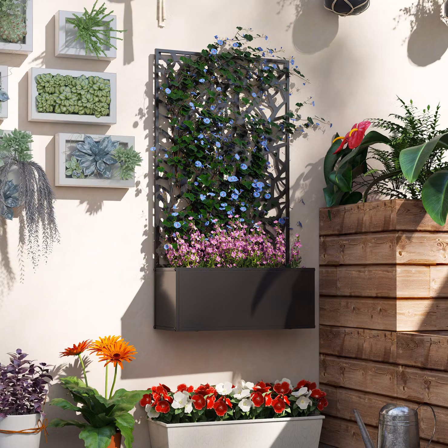 Outsunny Black Metal Garden Bed with Privacy Screen, Wall Mounted or Freestanding Raised Planter for Climbing Plants, Flowers and Vegetables, W/D/H: 58 x 24 x 23 cm – 7