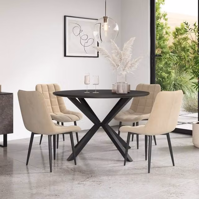 More4Homes Calne Round Ceramic Dining Table and 4 Nova Velvet Chairs in Beige and Black, Diameter: 120 cm, Height: 75 cm