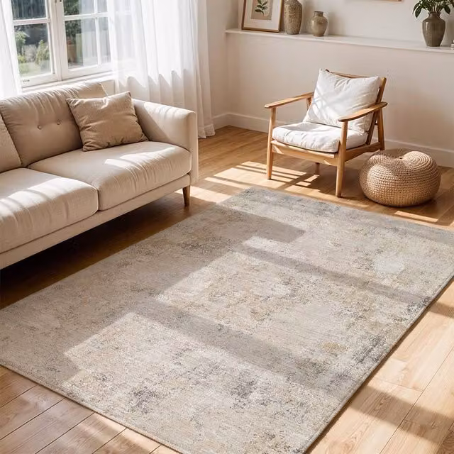 Livabliss Nathan Abstract Modern Marble Fringe Living Room Rug in Beige, Grey and Brown, W: 150 cm, D: 220 cm – 1