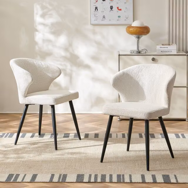 SONARA Set of 2 Modern Bouclé Fabric Dining Chairs with Armrests and Matt Black Metal Cross Legs in White