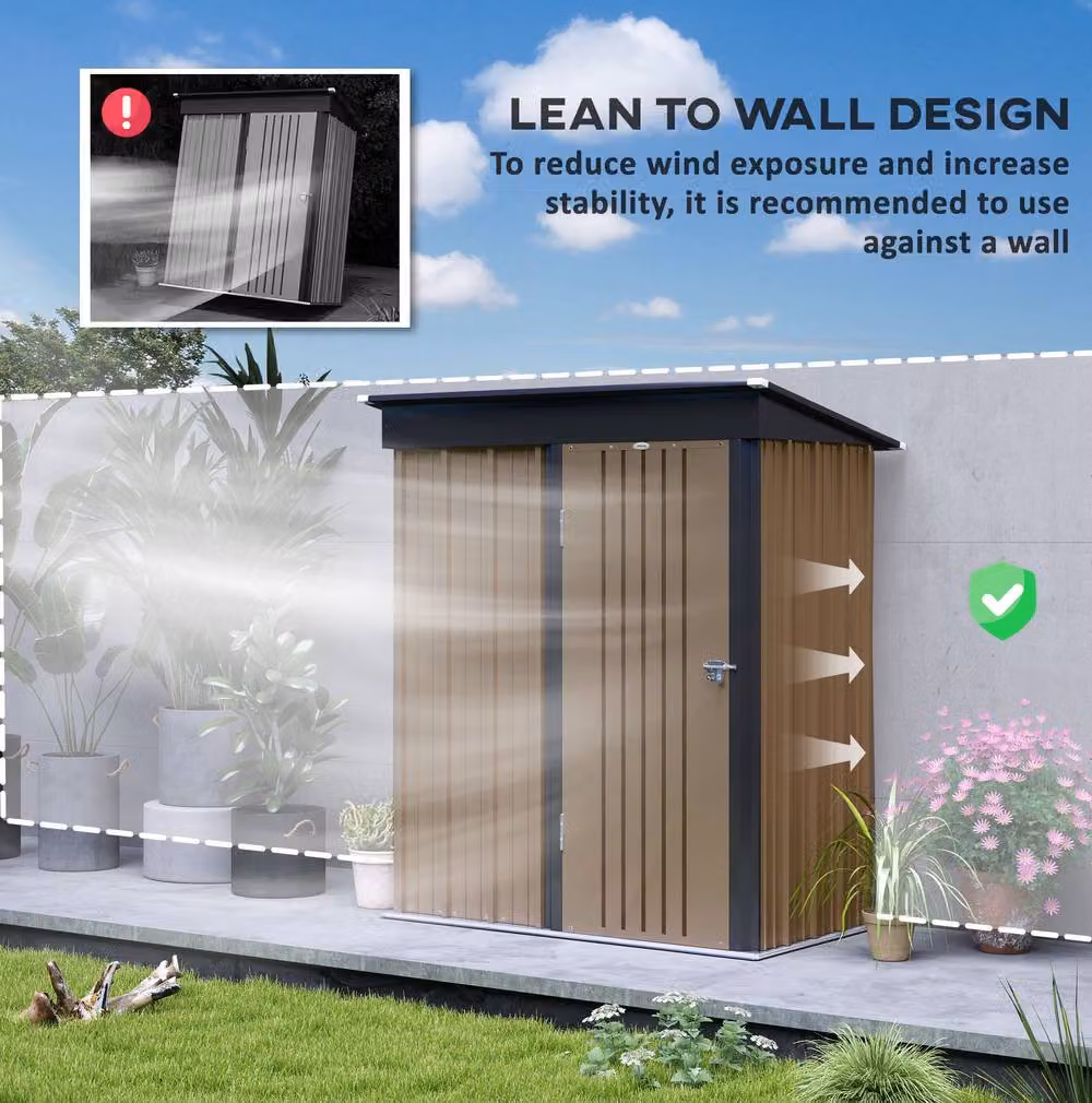 STILVORA Brown Steel Lean-to Garden Storage Shed with Lockable Single Door and Shelving, Height: 161 cm – 5
