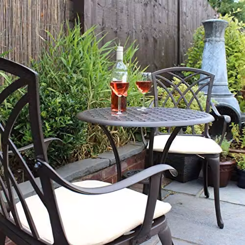 Charles Bentley 3 Piece Powder Coated Aluminium Bistro Set in Brown with Beige Cushions – 2