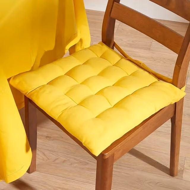 Homescapes Yellow Cotton Square Seat Pad with Tie Cords, Pack of 6