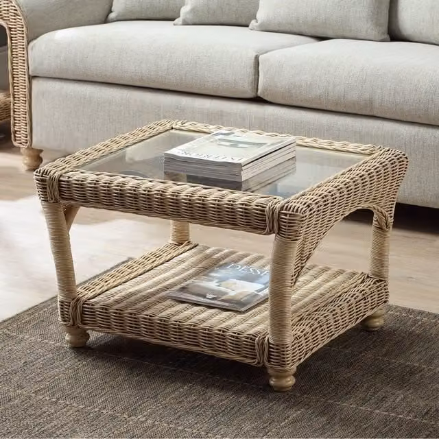 Samford Cane Coffee Table in Natural Wash Ivory with Glass Top and Rattan Design