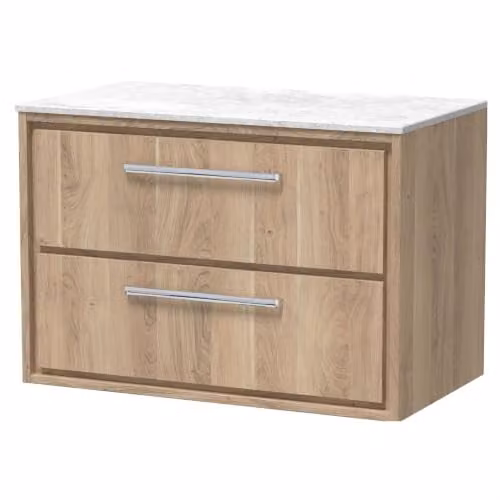 Balterley Wall Hung Bathroom Vanity Unit with 2 Soft Close Drawers and White Marble Worktop, Light Oak, W: 81.0 cm, D: 46.0 cm, H: 53.9 cm