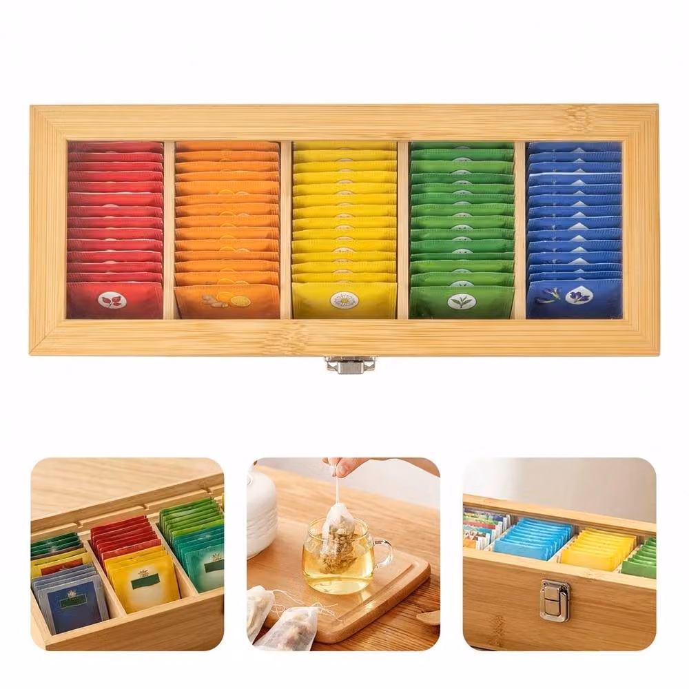 VOGREX Bamboo Multi-Compartment Tea and Spice Storage Box in Beige – 2