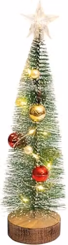 St Helens Home and Garden Battery Powered Light Up Mini Tabletop Christmas Tree in Green with Red and Gold Baubles – 1