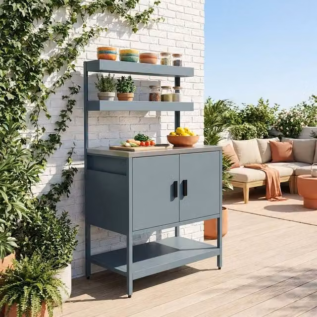 sweeek Steel Outdoor Kitchen in Grey with 2 Hanging Shelves and 2 Hinged Doors, Width: 80 cm – 1