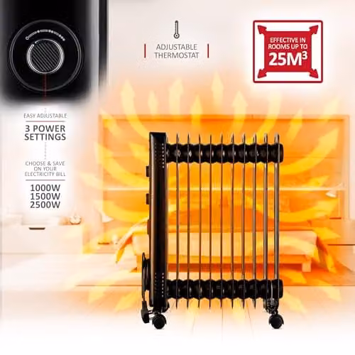 Netta 2500W Electric Oil Filled Radiator in Black with Thermostat, 24 Hour Timer and Overheat Protection – 3