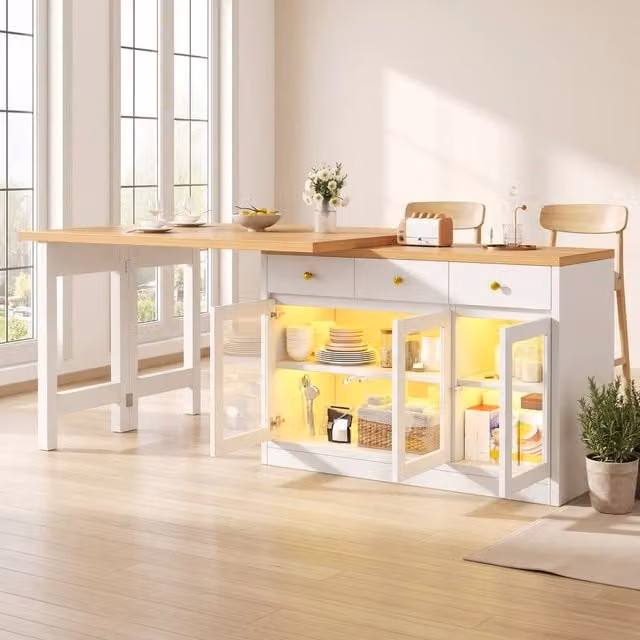 STILVORA Extendable Kitchen Island with LED Lights and Storage in White, H 75.5 cm x W 120 cm
