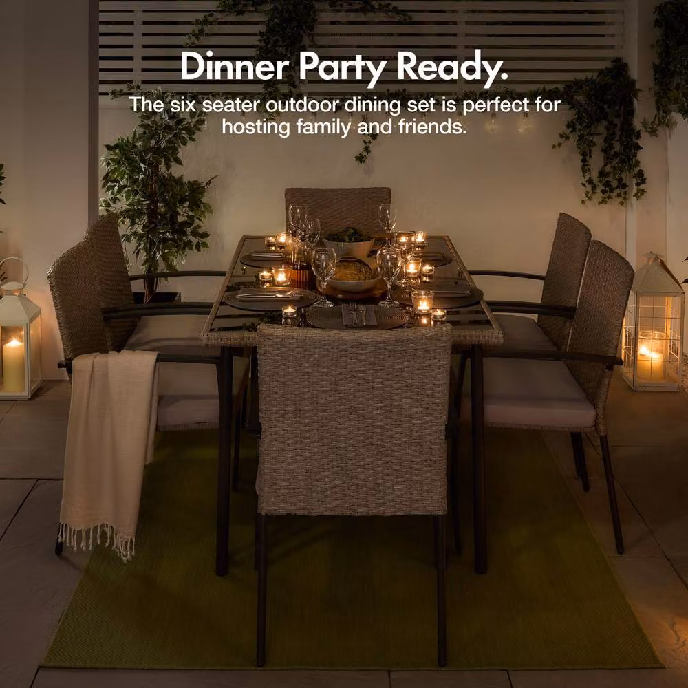 VonHaus 6 Seater Rattan Effect Garden Dining Set with Glass Top Table and Chairs in Grey and Black – 4