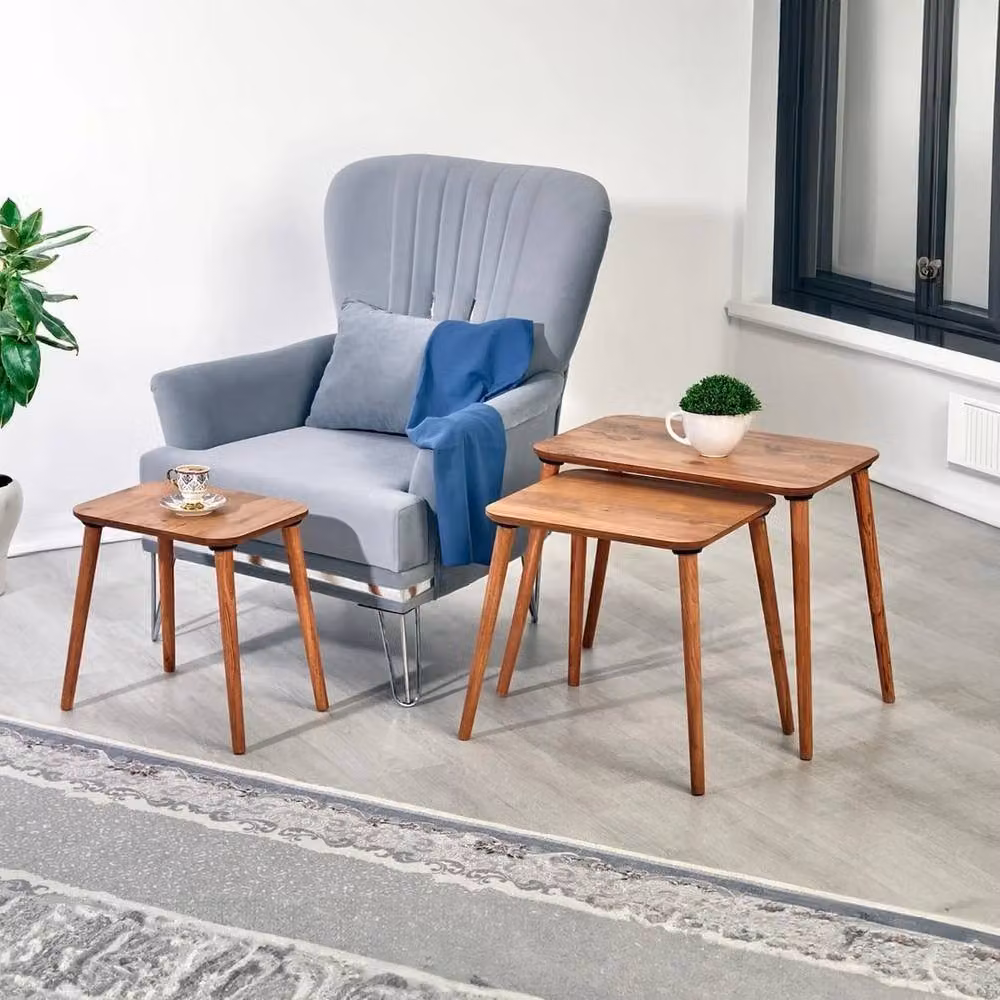 VOGREX 3-Piece Brown Wooden Nesting Coffee Table Set with Rounded Minimalist Design – 4