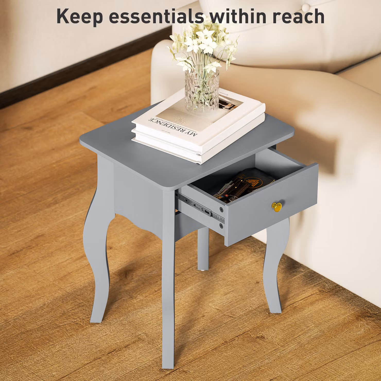HOMCOM French Style Side Table with Drawer in Grey and Gold – 4