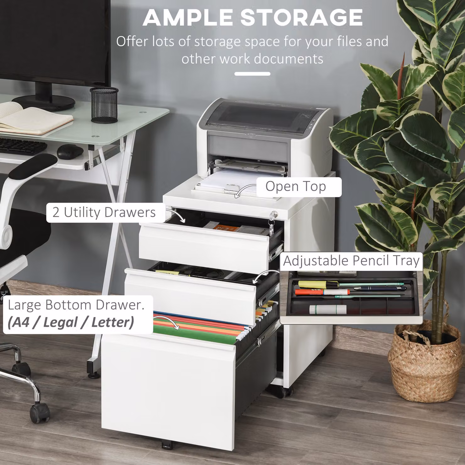 Vinsetto White Wooden Mobile File Cabinet with 3 Lockable Drawers, H 60 x W 39 x D 48 cm – 3