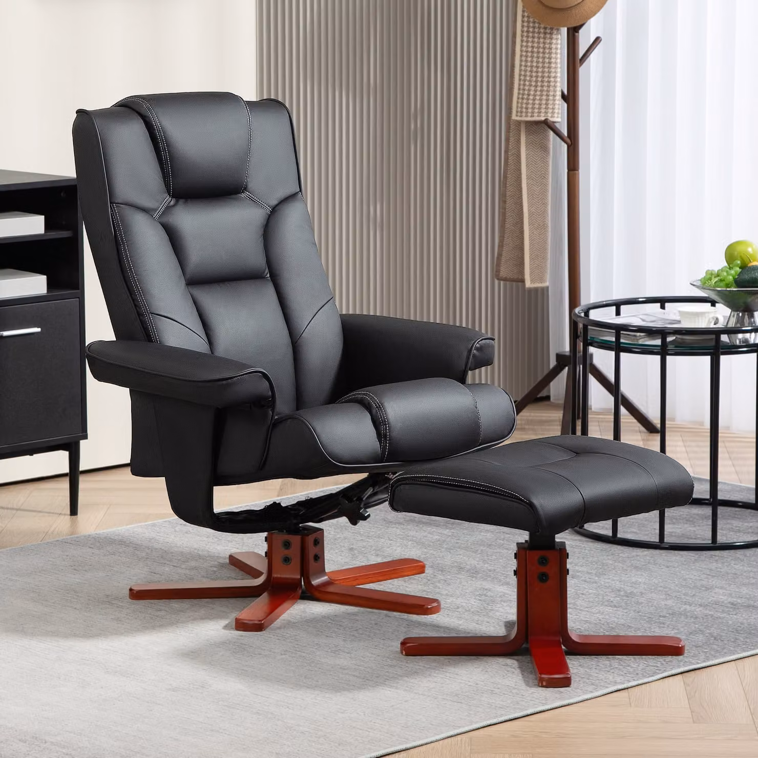 HOMCOM Black Synthetic Leather Recliner Chair with Ottoman, High Back, Armrests and Rocking Function – 2