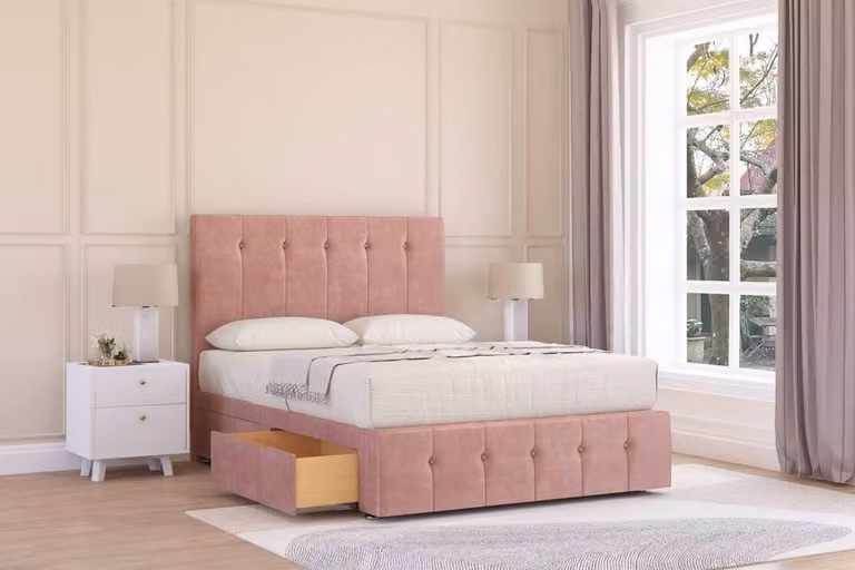 Sloomy Cambridge Plush Divan Bed Base with 2 Drawers, 54 inch Headboard and 12 inch Footboard, Pink, W/D/H: 140 x 200 cm