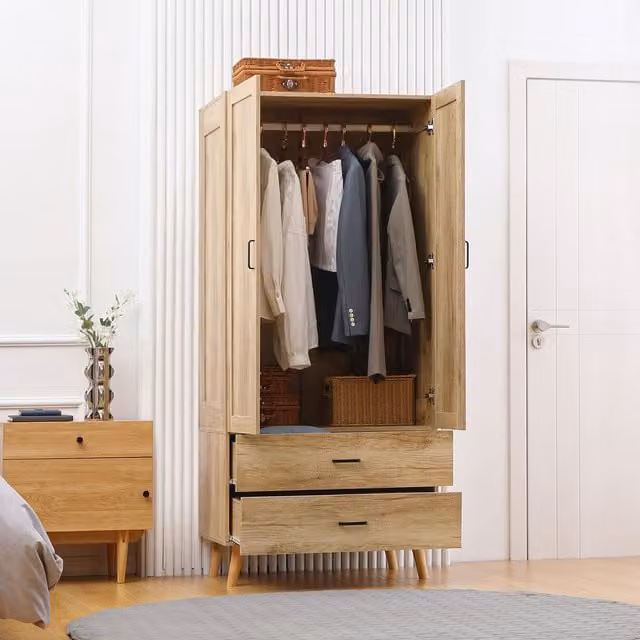 HOMCOM Modern Brown Corner Wardrobe with 2 Doors, 2 Drawers and Hanging Rail