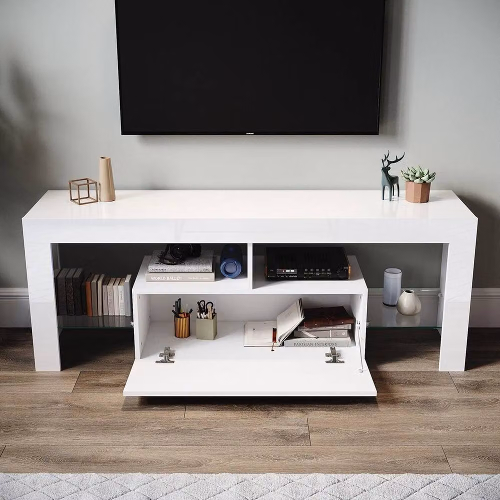 Spetlek Modern High Gloss White TV Stand Cabinet Unit with Drawer, W: 100 cm, D: 15 cm – 2