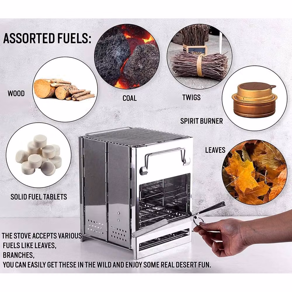 NESTLUNE Folding Wood Burning Stove for Outdoor Camping and BBQ, Silver, W/D/H: 100 x 100 x 21 cm – 6
