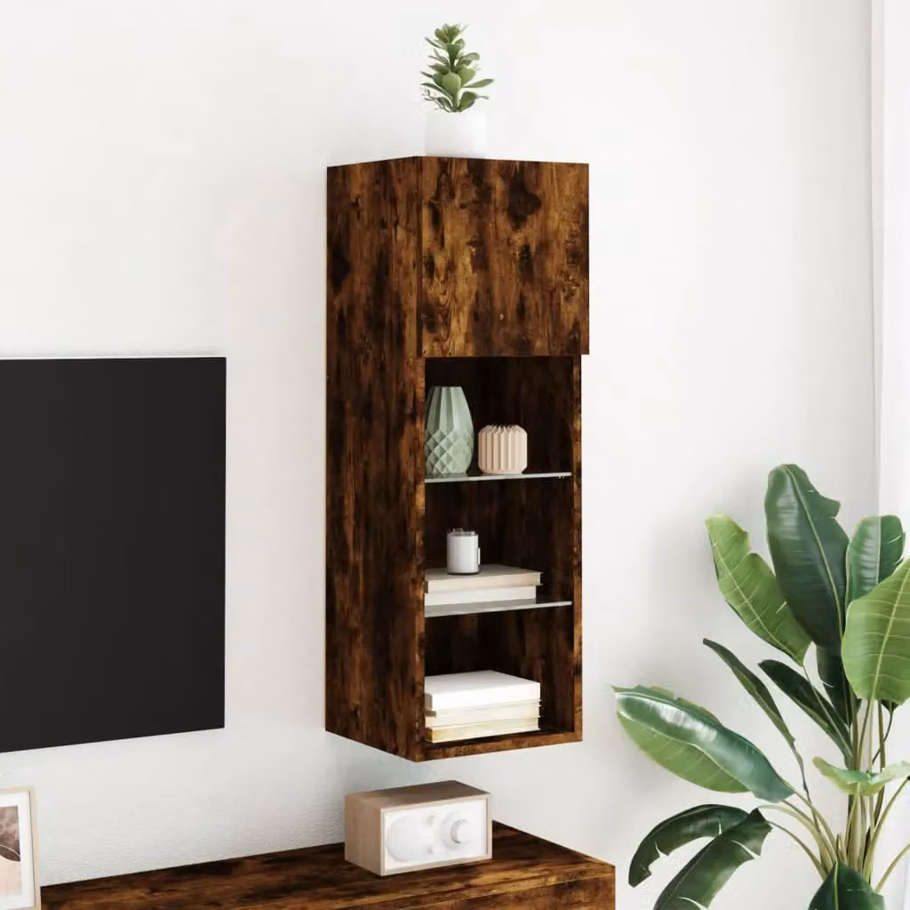 Berkfield Home Wall Mounted TV Cabinet with Integrated LED Lights and Internal Shelves, Smoked Oak, Brown, W/D/H: 30.5 x 30 x 90 cm – 2