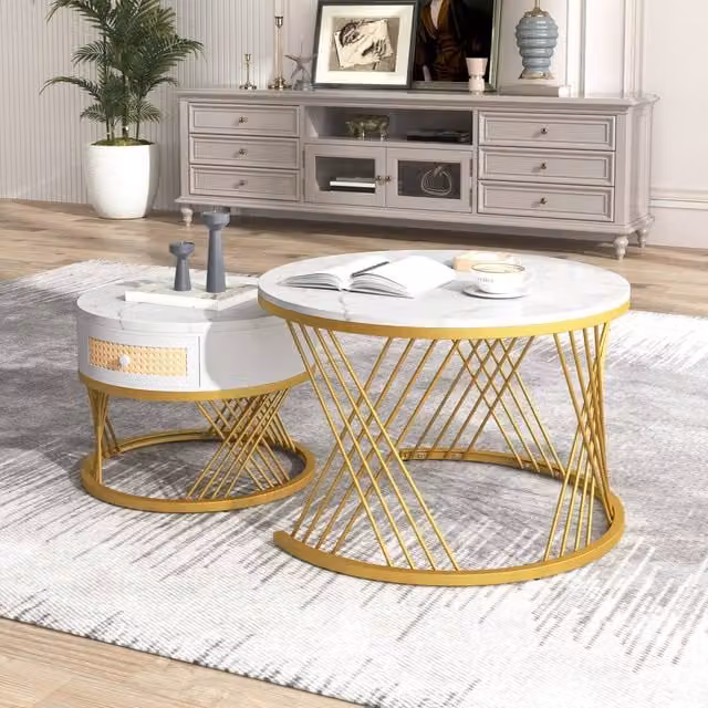 Merax 2 Piece Round White and Gold Marble Effect Coffee Table Set with Nested Tops