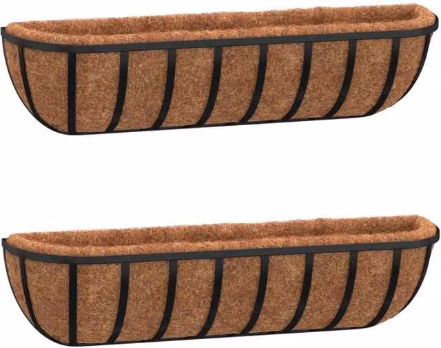 Berkfield Home Steel Wall Trough Planters with Coco Liners, Black, 2 Pack, W/D/H: 76 x 21 x 16 cm – 1