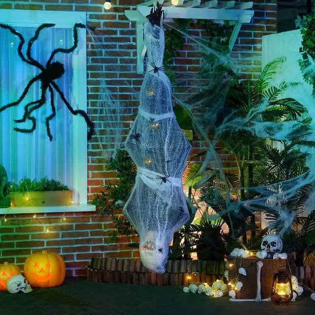 HOMCOM Animated Halloween Hanging Mummy with Spider Web in Grey – 1