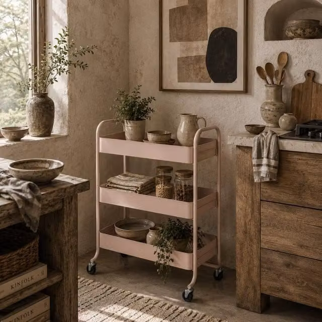 Wyld Haus Noluli Doha 3 Tier Metal Rolling Utility Trolley in Pink, W/D/H: 64.5 x 34.0 x 87.0 cm – 1