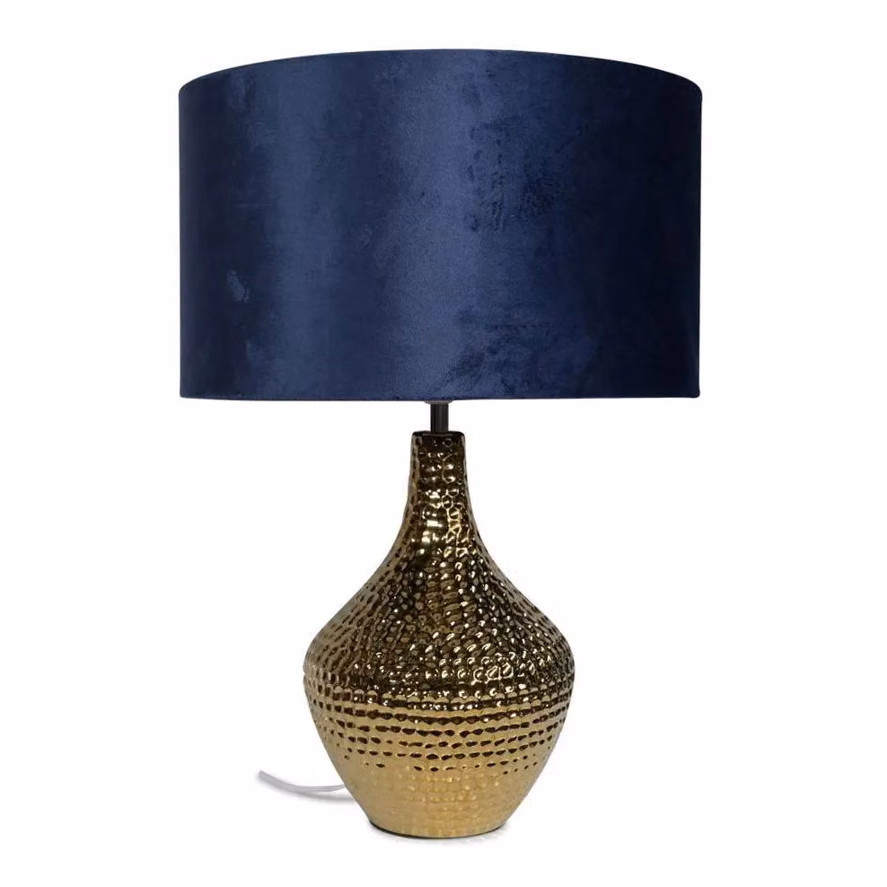 ValueLights Bailey Ceramic Table Lamp with Navy Velvet Shade in Gold and Blue, Diameter: 35 cm, Height: 21 cm – 2