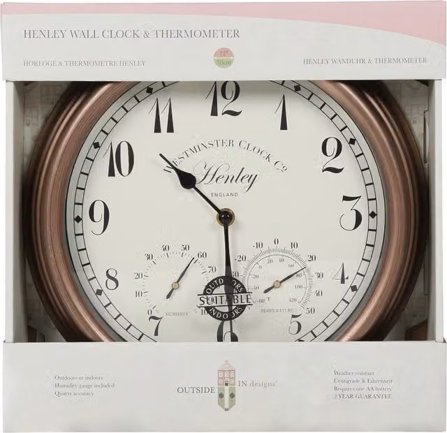 Smart Garden Products Henley Round Analog Wall Clock and Thermometer in White
