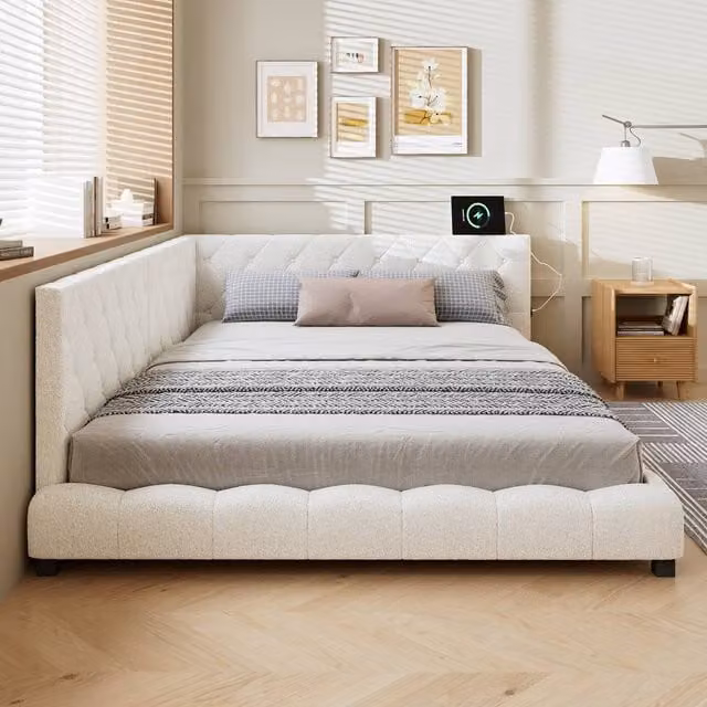 Merax L-Shaped Boucle Upholstered Daybed with Corner Headboards in Beige, W/D/H: 135 x 190 x 66 cm