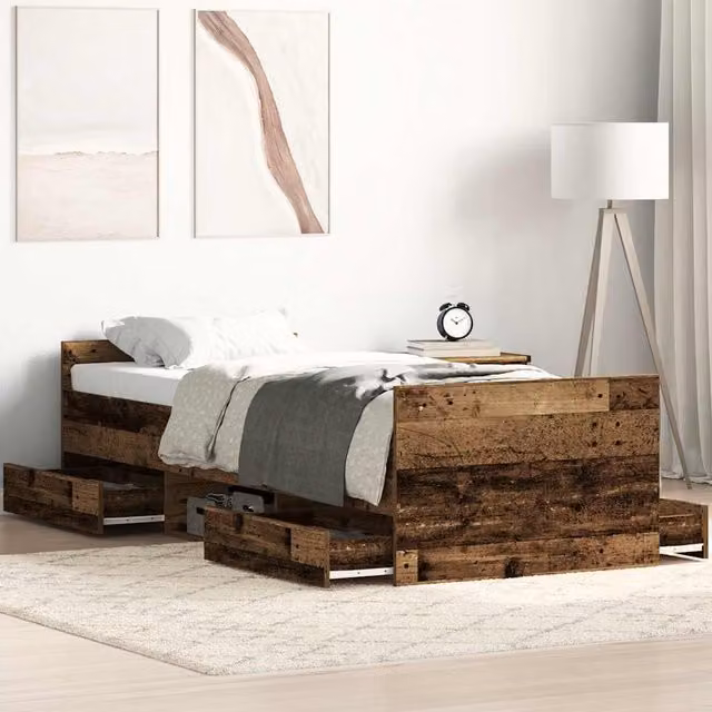 Berkfield Home Bed Frame in Brown Old Wood with Drawers, W/D/H: 90 x 200 cm – 1