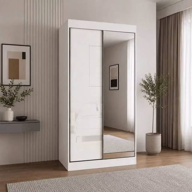 KDMD Padstow Gloss White Sliding Door Wardrobe with Mirror W: 100 cm, H: 220 cm, D: 62 cm – 1
