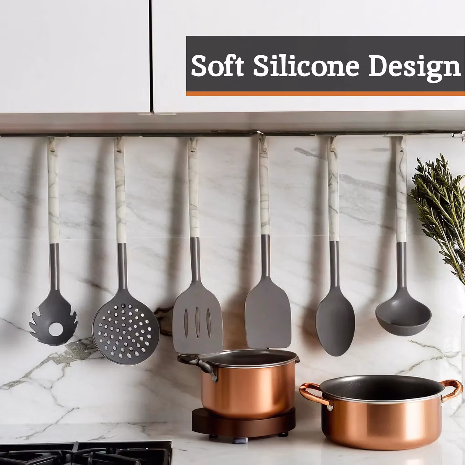 Orsina 6 Piece Silicone Kitchen Utensil Set with Marble Effect Handles in Black and Grey – 4
