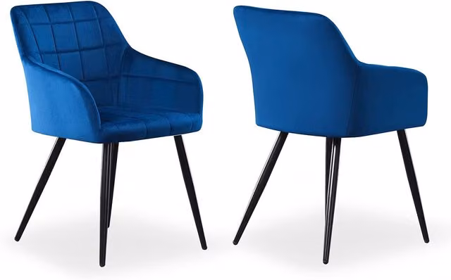 Life Interiors Set of 2 Camden Modern Velvet Dining Chairs with Armrests and Black Metal Legs in Blue
