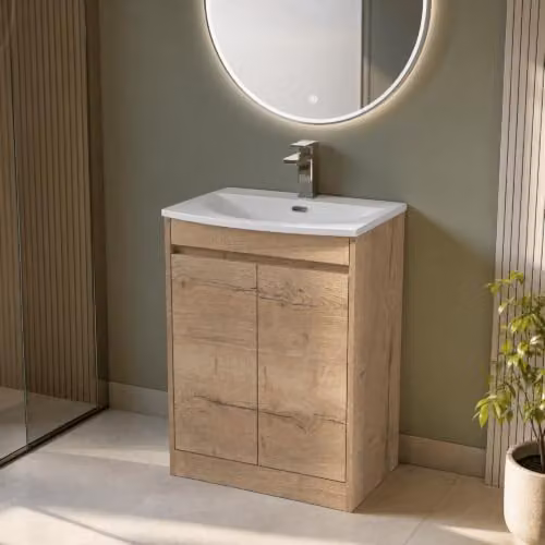 Balterley Modern 2 Door Freestanding Bathroom Vanity Unit with Curved Basin and Soft Close Doors in Autumn Oak Brown, W/D/H: 62 x 39.5 x 83.5 cm – 5