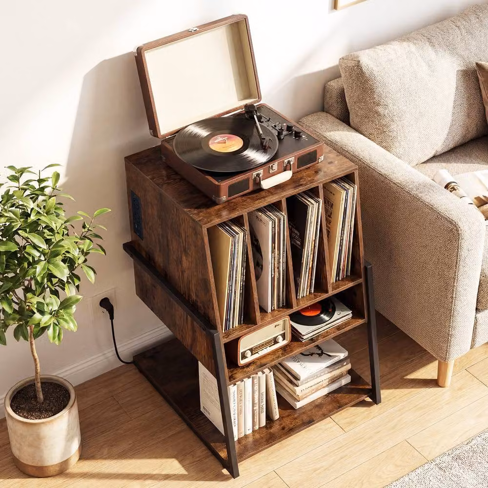 Costway Brown Industrial Record Player Stand with Charging Station and Vinyl Holder – 5
