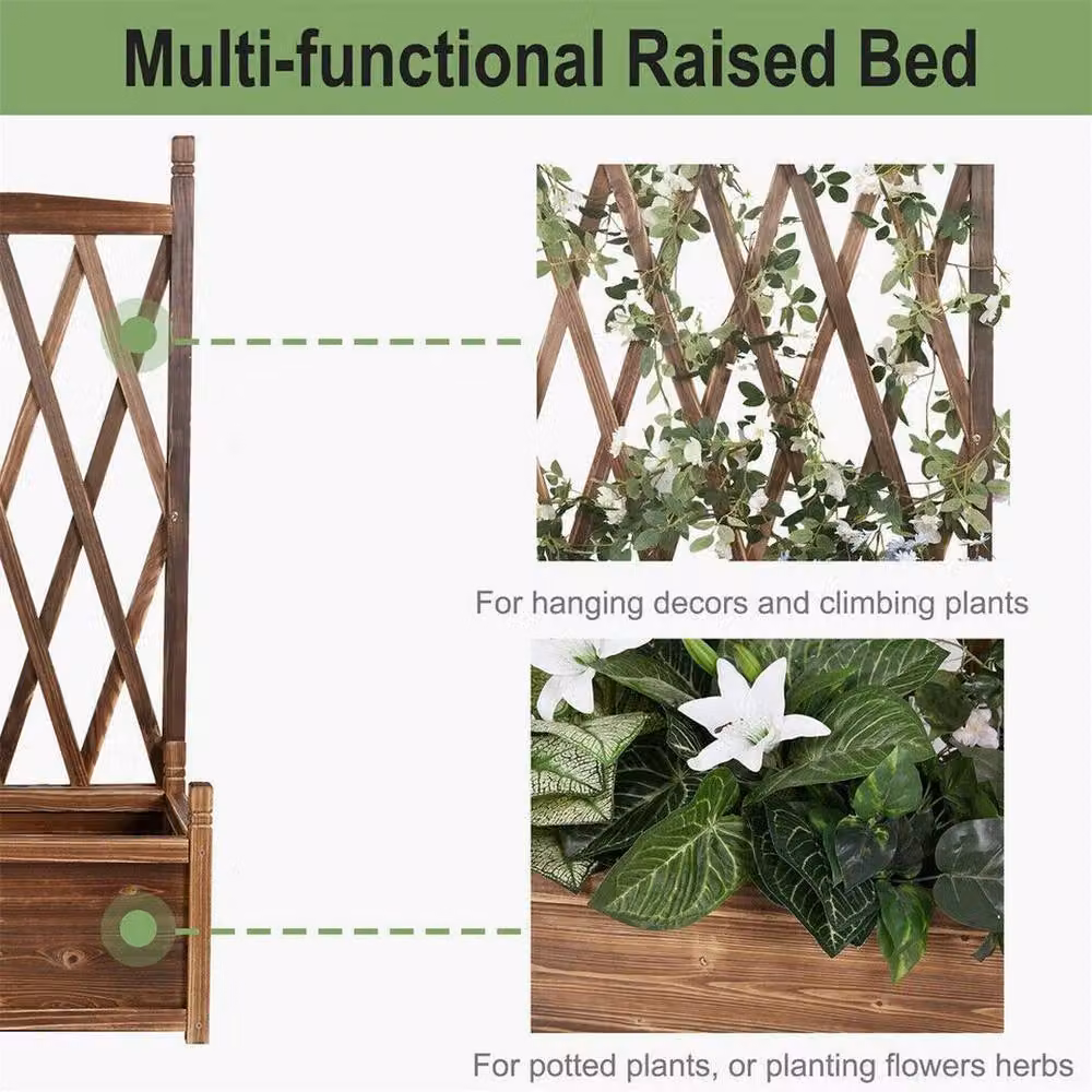 FLAVORA Wooden Raised Plant Bed with Climbing Trellis in Brown, W/D/H: 115 x 64 x 20 cm – 4