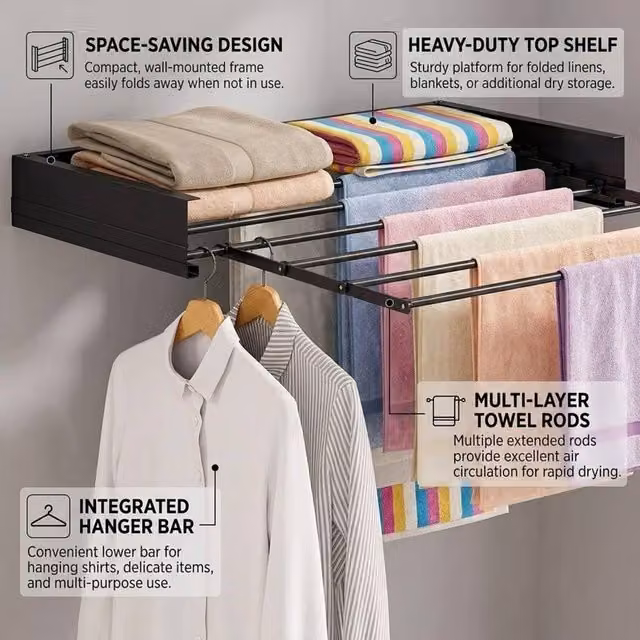 ATEK Wall Mounted Retractable Laundry Drying Rack in Black, W: 80 cm, D: 35 cm, H: 35 cm
