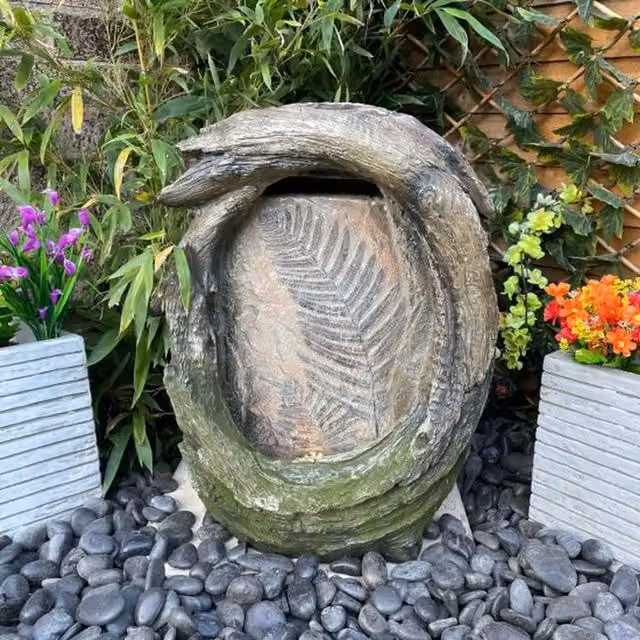 Tranquility Fossil Leaf Traditional Solar Water Feature in Grey Stone